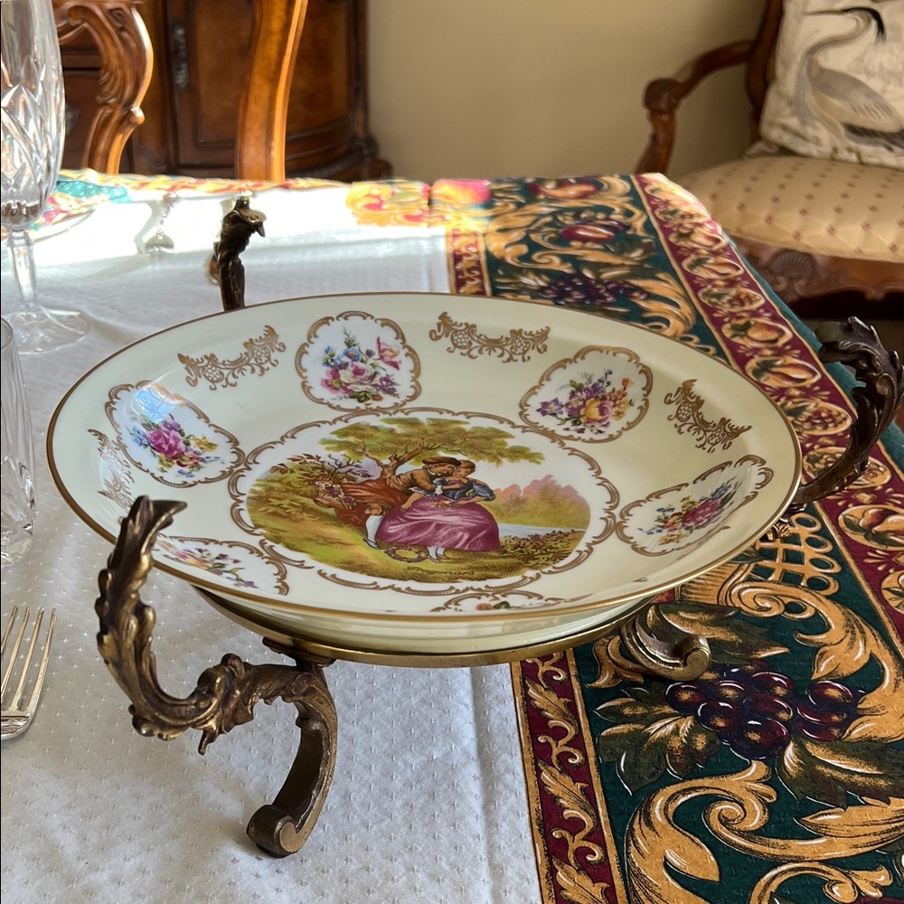 Vintage Sevres Fragonard Bronze Footed Mounted Porcelain Bowl Centerpiece.